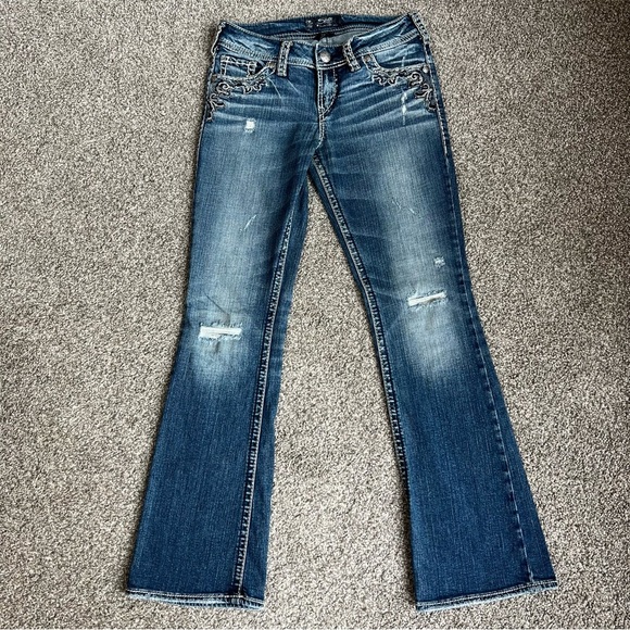 Silver Jeans Suki Flap Bootcut Medium Wash Distressed Faded Embellished, Size 26 - Picture 1 of 11